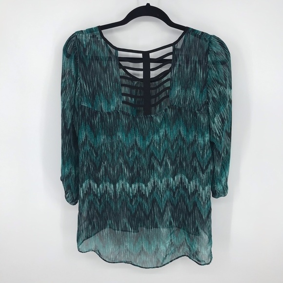 Iz Byer Green and Black Sheer Blouse w/ Cage Back - Picture 3 of 10